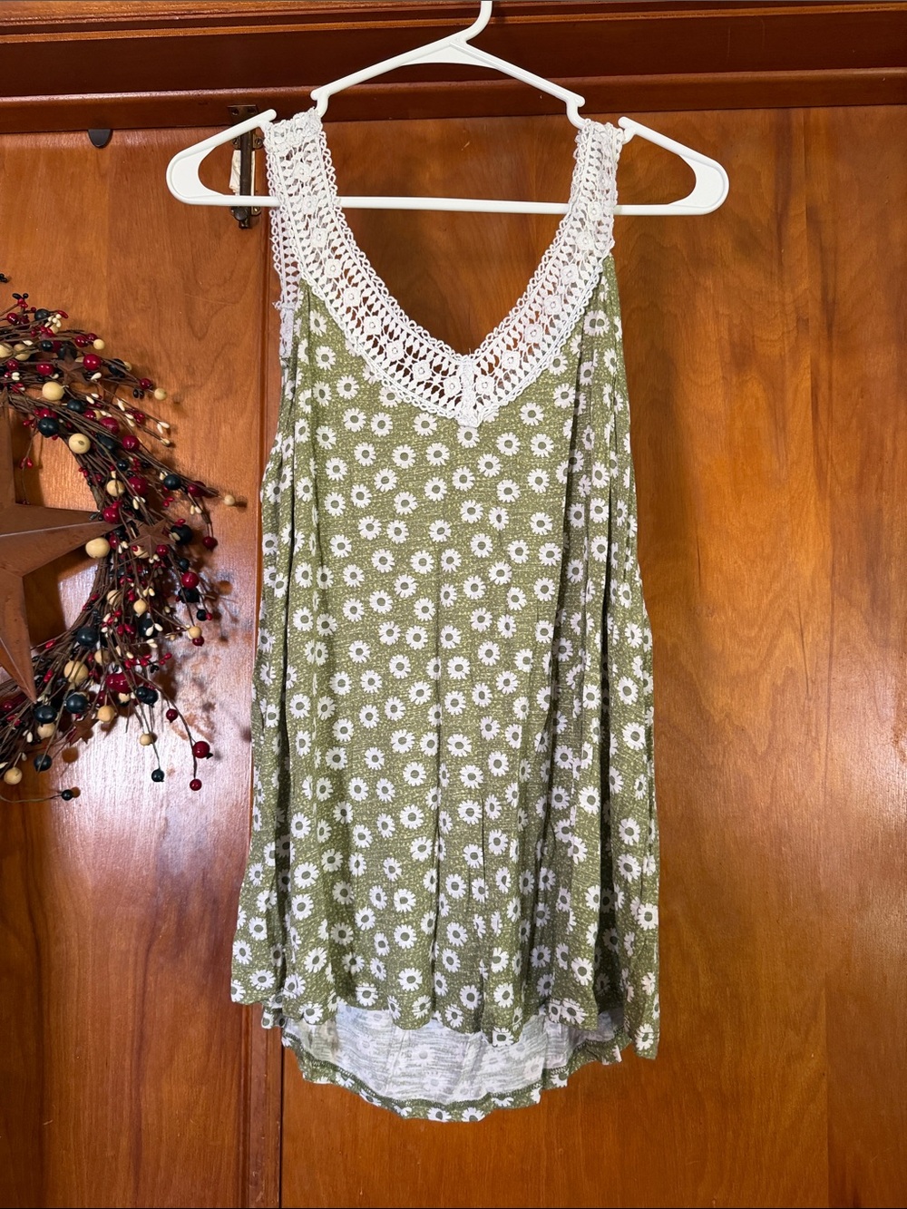 Maurices Olive Green Floral Tank Top with White Crochet Trim